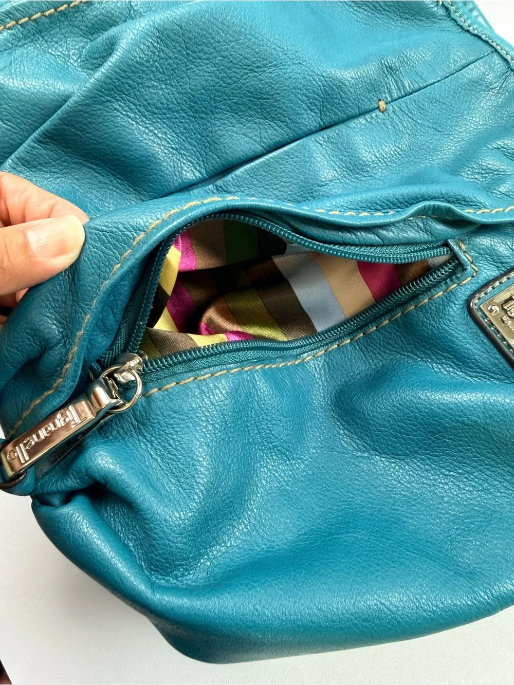 Tignanello Teal Blue Leather Shoulder Bag Silver Hardware Large Hobo Purse